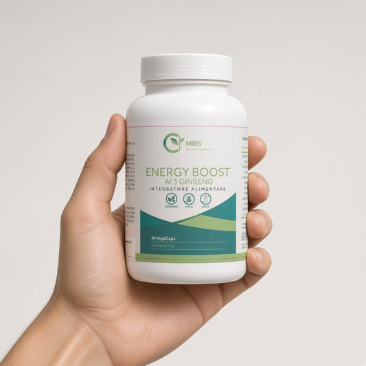 Mano che tiene il barattolo bianco di ENERGY BOOST con ginseng su sfondo chiaro neutro