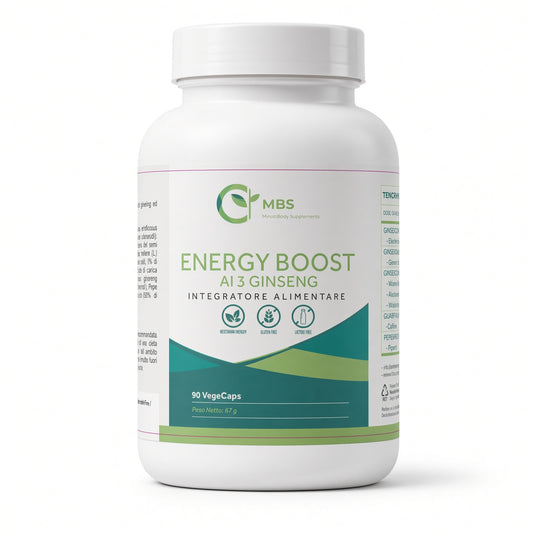 Barattolo bianco di ENERGY BOOST con ginseng, integratore alimentare MBS, su sfondo bianco